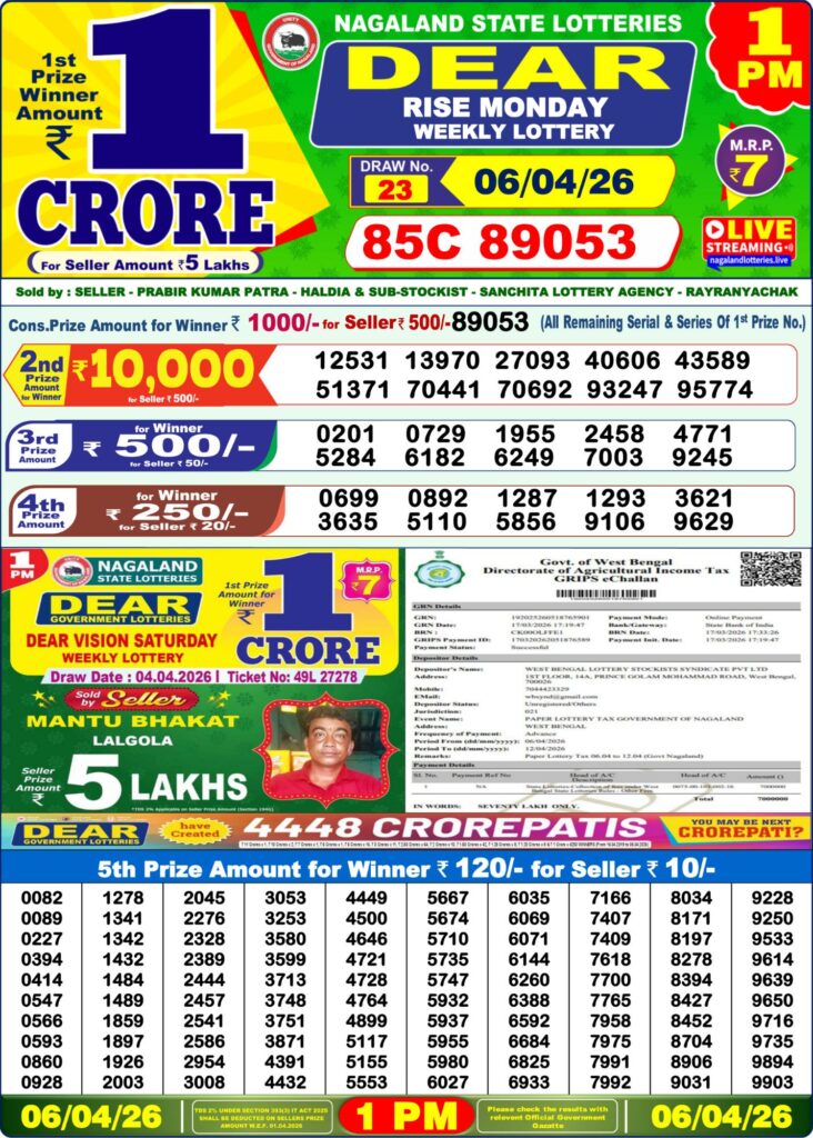 Dear Lottery 1PM Result