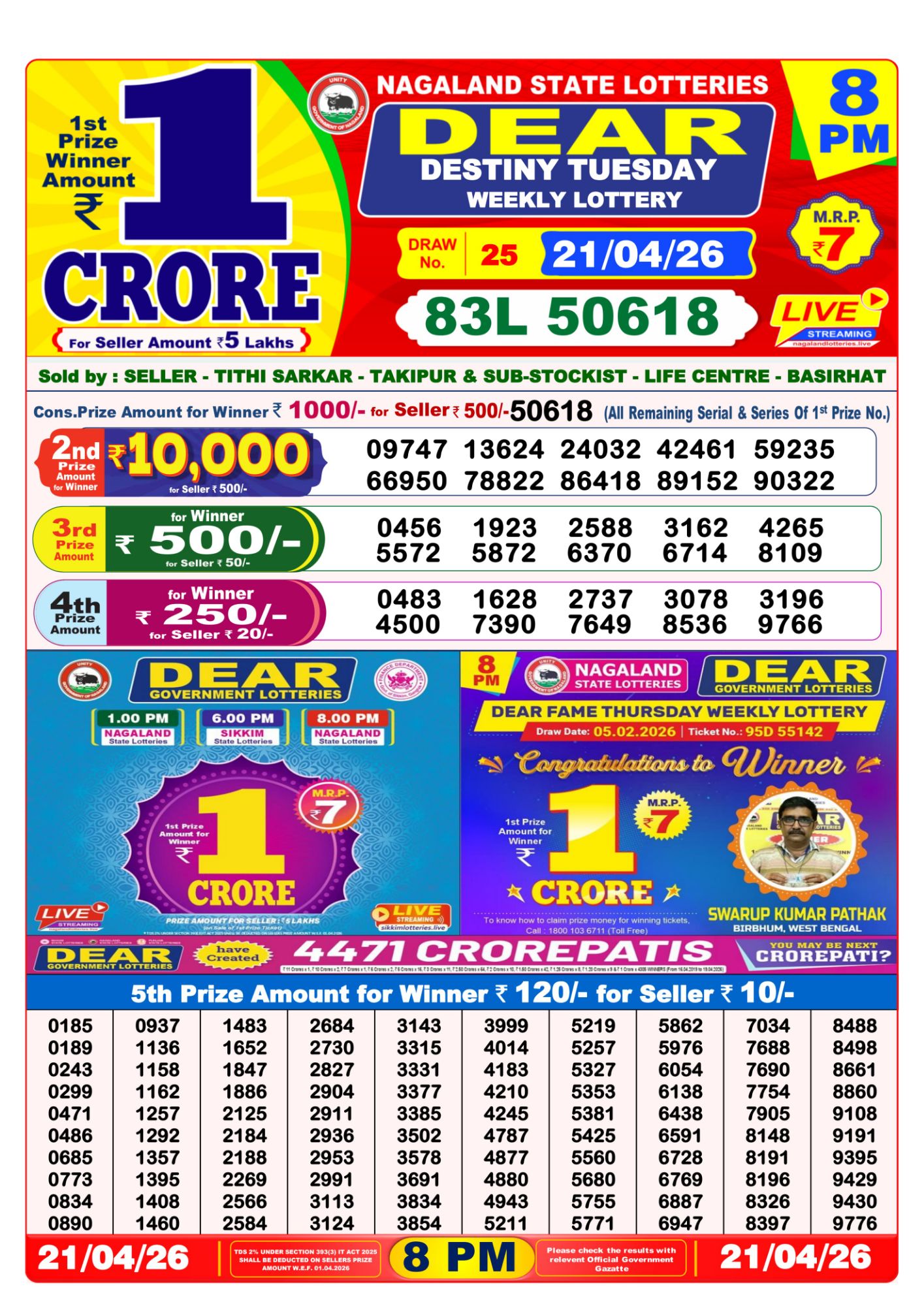 Dear Lottery 8PM Result