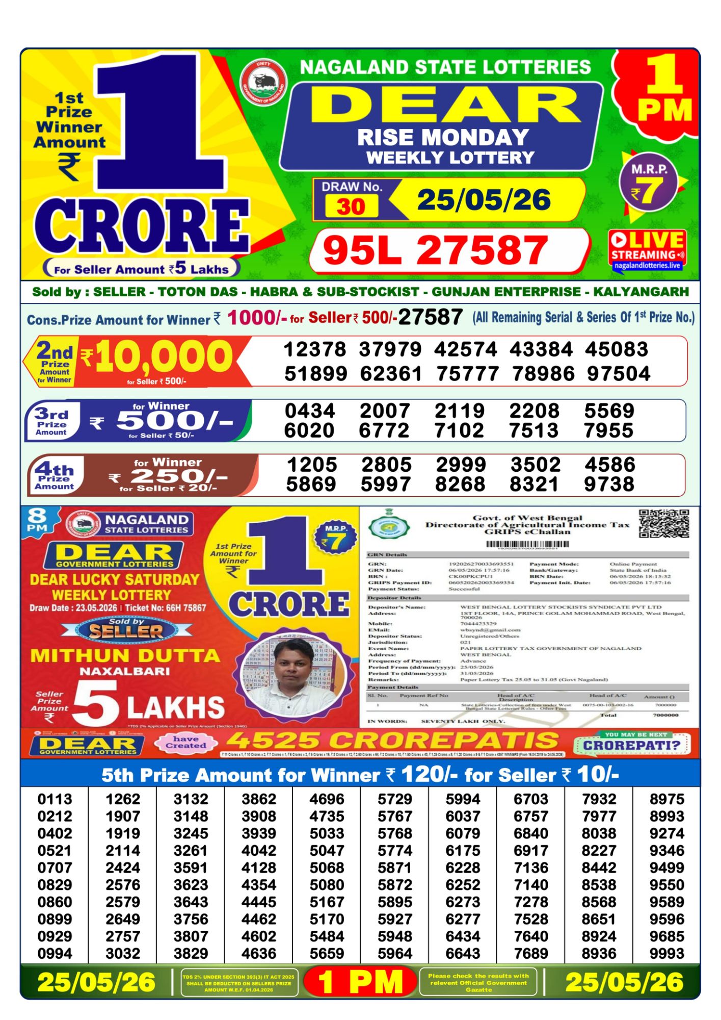Dear Lottery 1PM Result