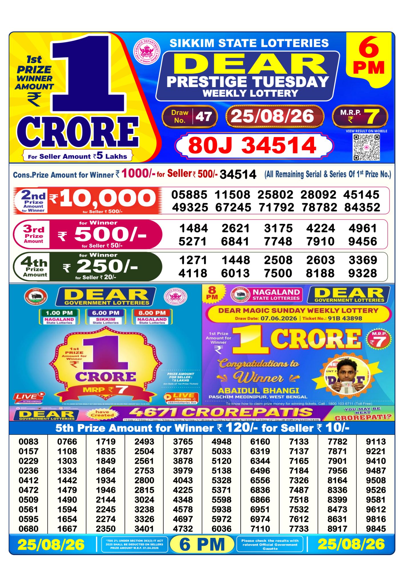 Dear Lottery 6PM Result