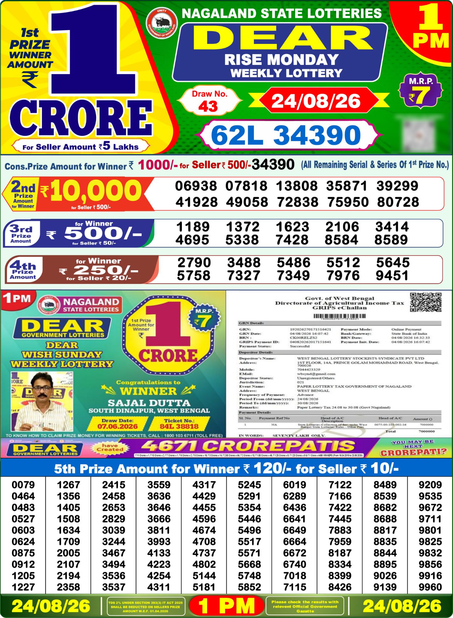 Dear Lottery 1PM Result