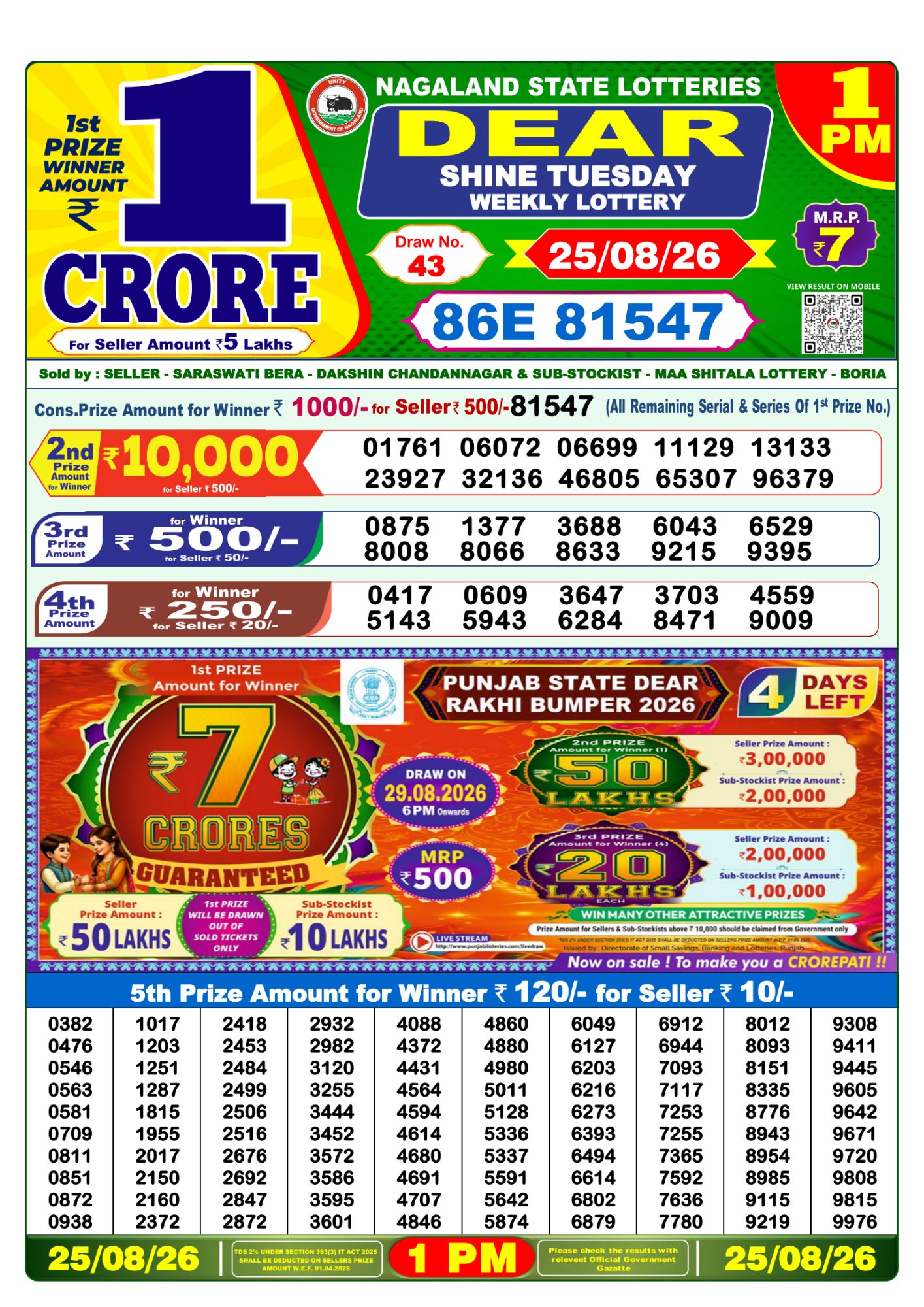 Dear Lottery 1PM Result
