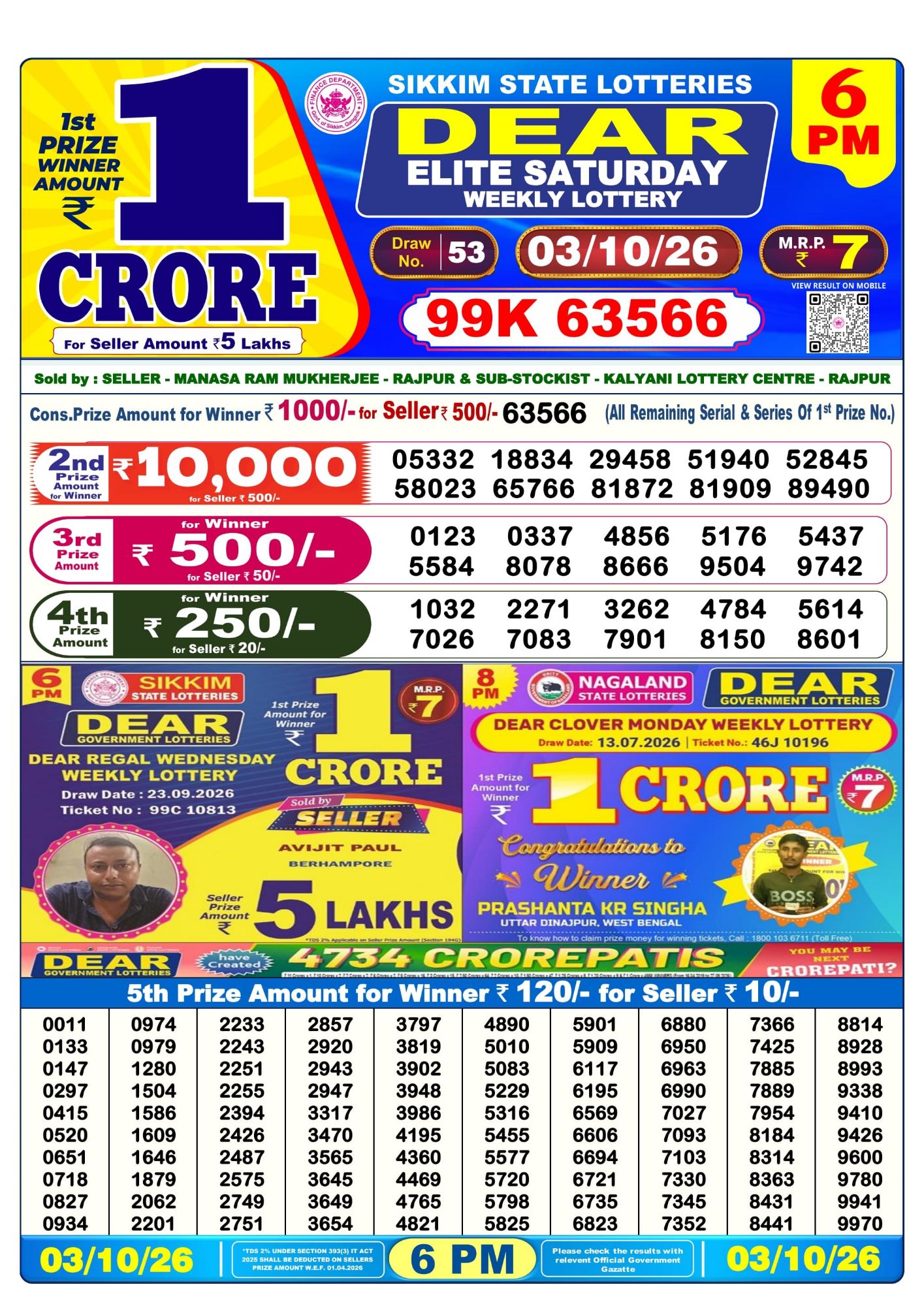 Dear Lottery 6PM Result